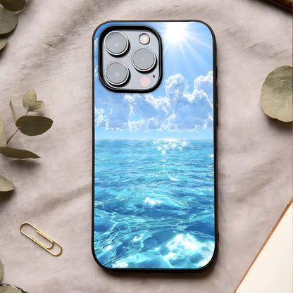 Endless Ocean Horizon Glass Case showing full back design in clean flat view with expansive ocean tones and glossy glass finish.