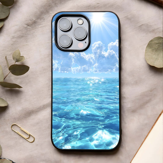 Endless Ocean Horizon Glass Case showing full back design in clean flat view with expansive ocean tones and glossy glass finish.