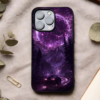 Eternal Cosmic Drive Glass Case showing full back design in clean flat view with cosmic motion art and glossy glass finish.