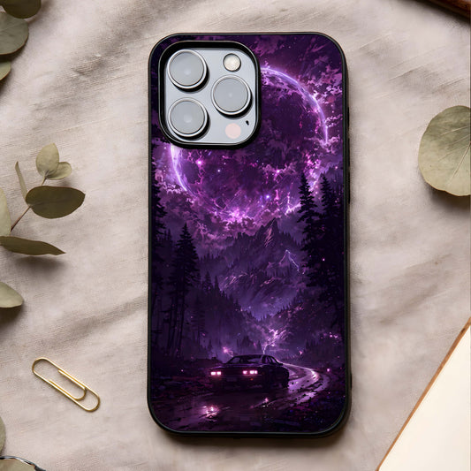 Eternal Cosmic Drive Glass Case showing full back design in clean flat view with cosmic motion art and glossy glass finish.