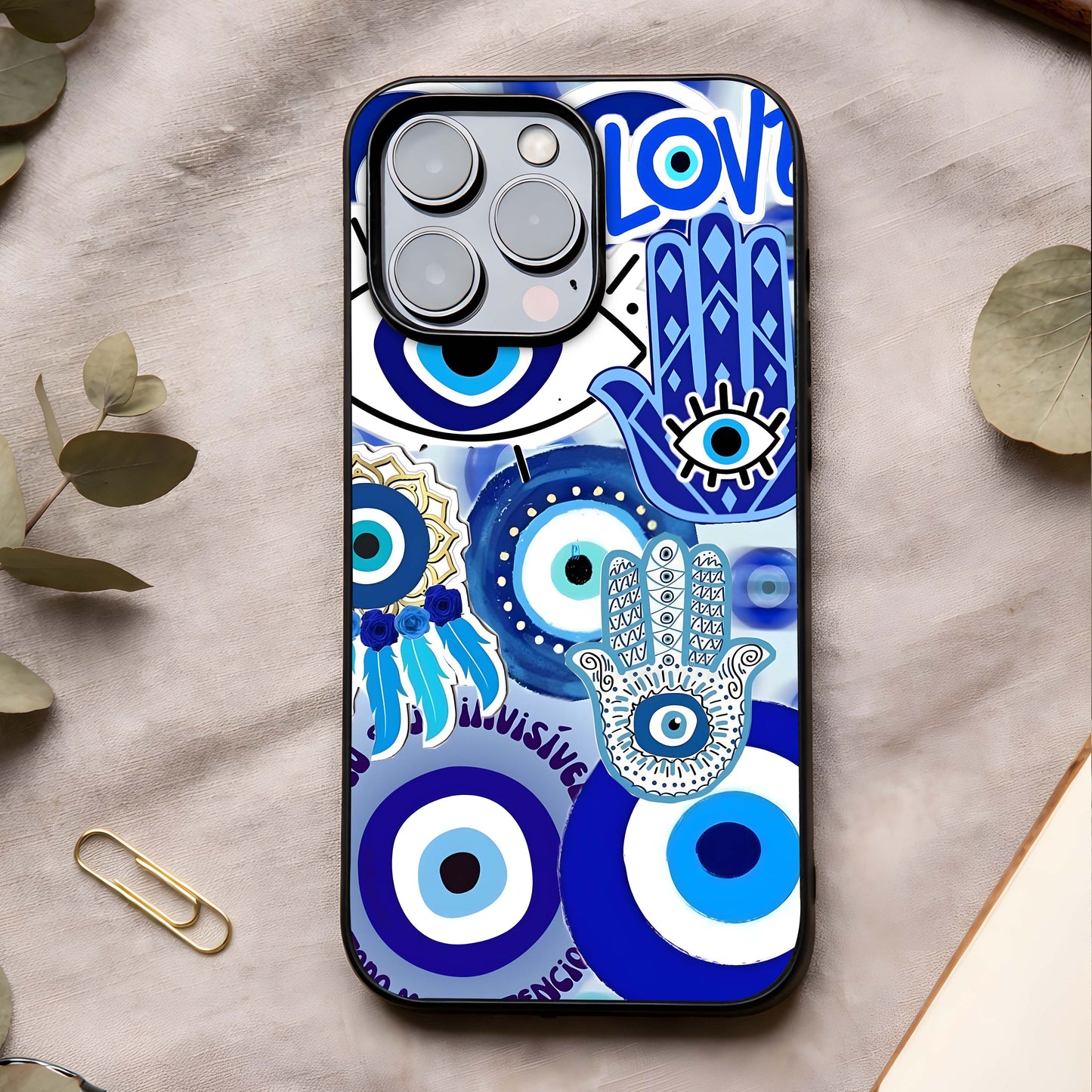 Evil Eyes Dream Glass Case showing full back design in clean flat view with symbolic eye motifs and glossy glass finish.