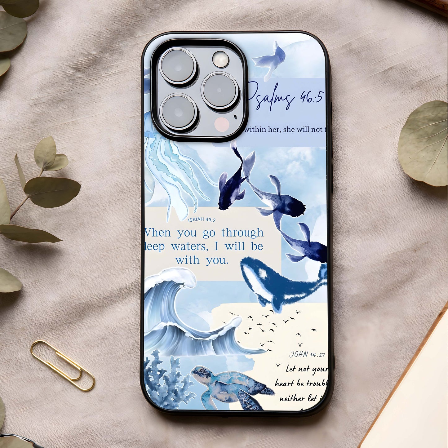 Faithful Ocean Promise Glass Case showing full back design in clean flat view with calm ocean symbolism and glossy glass finish.
