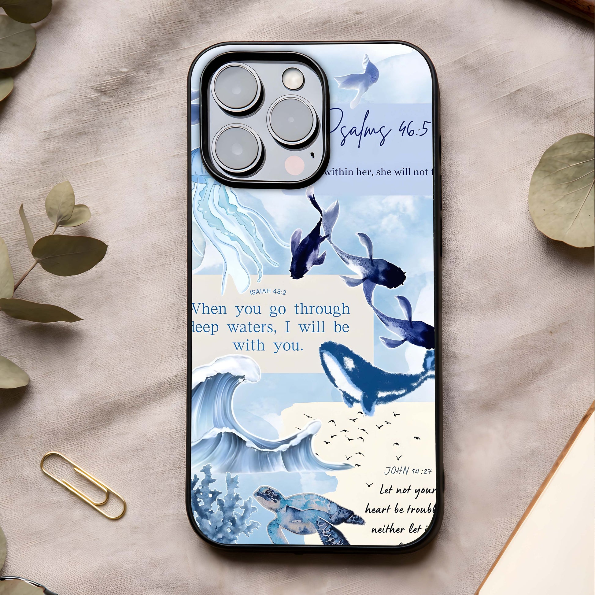 Faithful Ocean Promise Glass Case showing full back design in clean flat view with calm ocean symbolism and glossy glass finish.