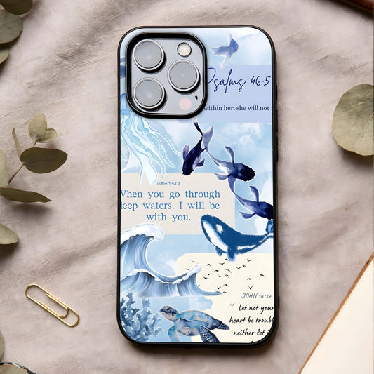 Faithful Ocean Promise Glass Case showing full back design in clean flat view with calm ocean symbolism and glossy glass finish.