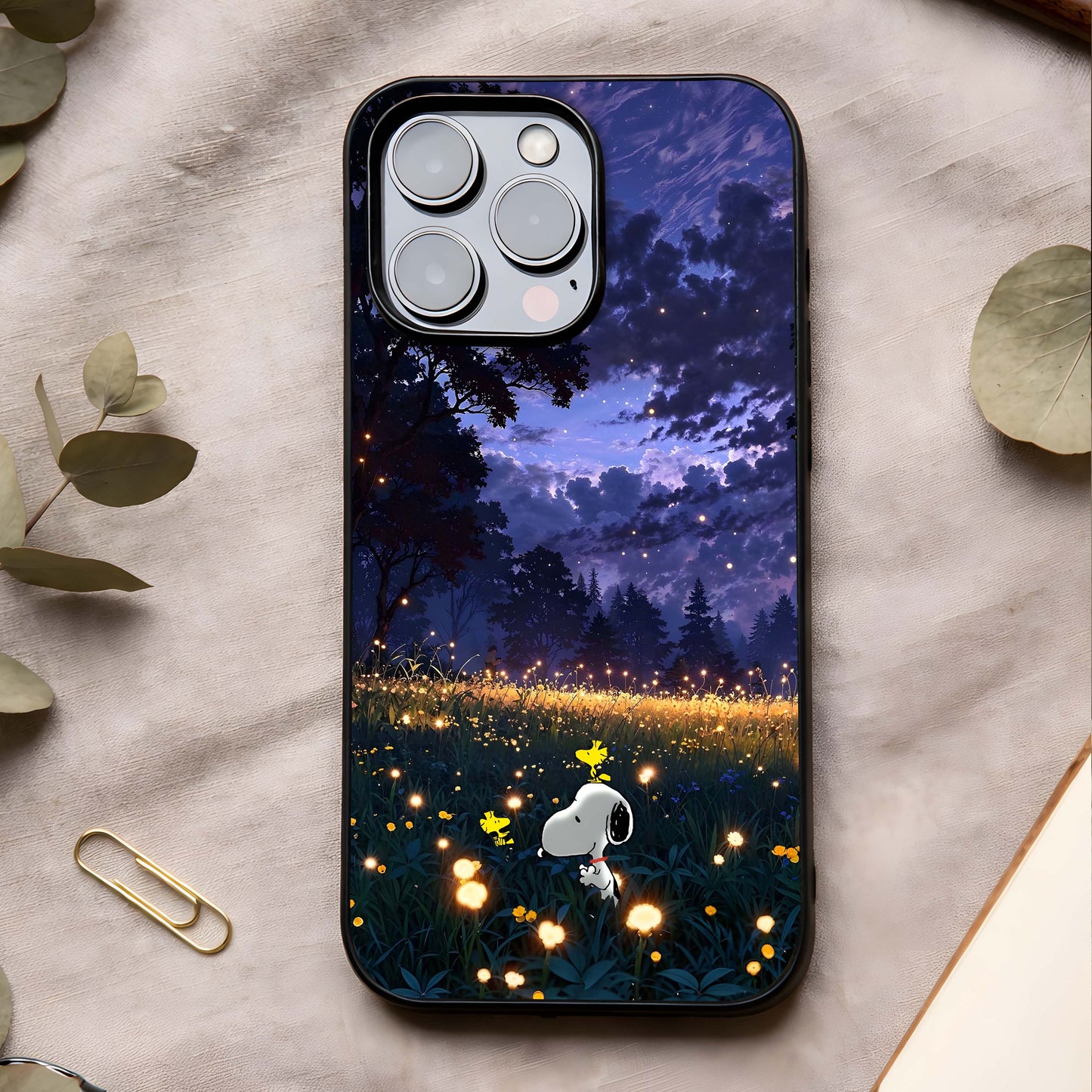 Firefly Meadow Magic Glass Case showing full back design in clean flat view with glowing meadow art and glossy glass finish.