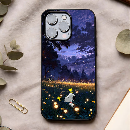 Firefly Meadow Magic Glass Case showing full back design in clean flat view with glowing meadow art and glossy glass finish.