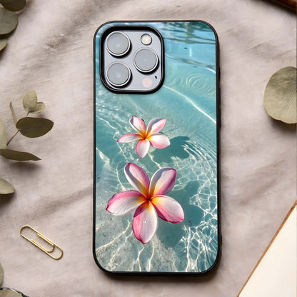 Floating Bloom Bliss Glass Case showing full back design in clean flat view with floating floral art and glossy glass finish.