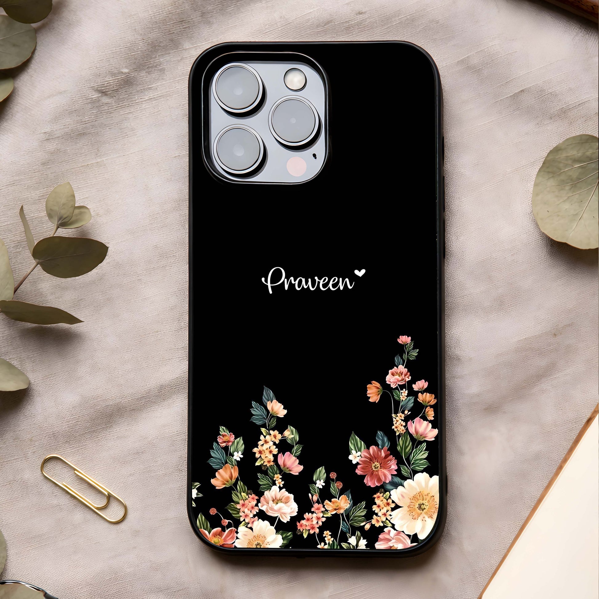 Floral Design Personalized Custom Name Glass Case showing full back design in clean flat view with refined floral layout and glossy glass finish.
