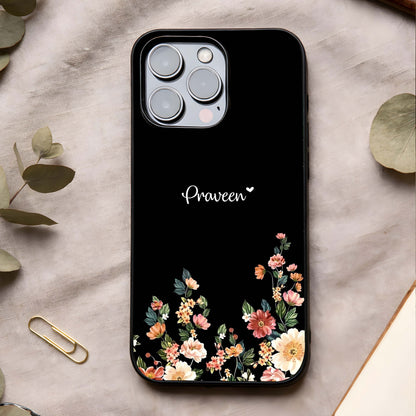 Floral Design Personalized Custom Name Glass Case showing full back design in clean flat view with refined floral layout and glossy glass finish.
