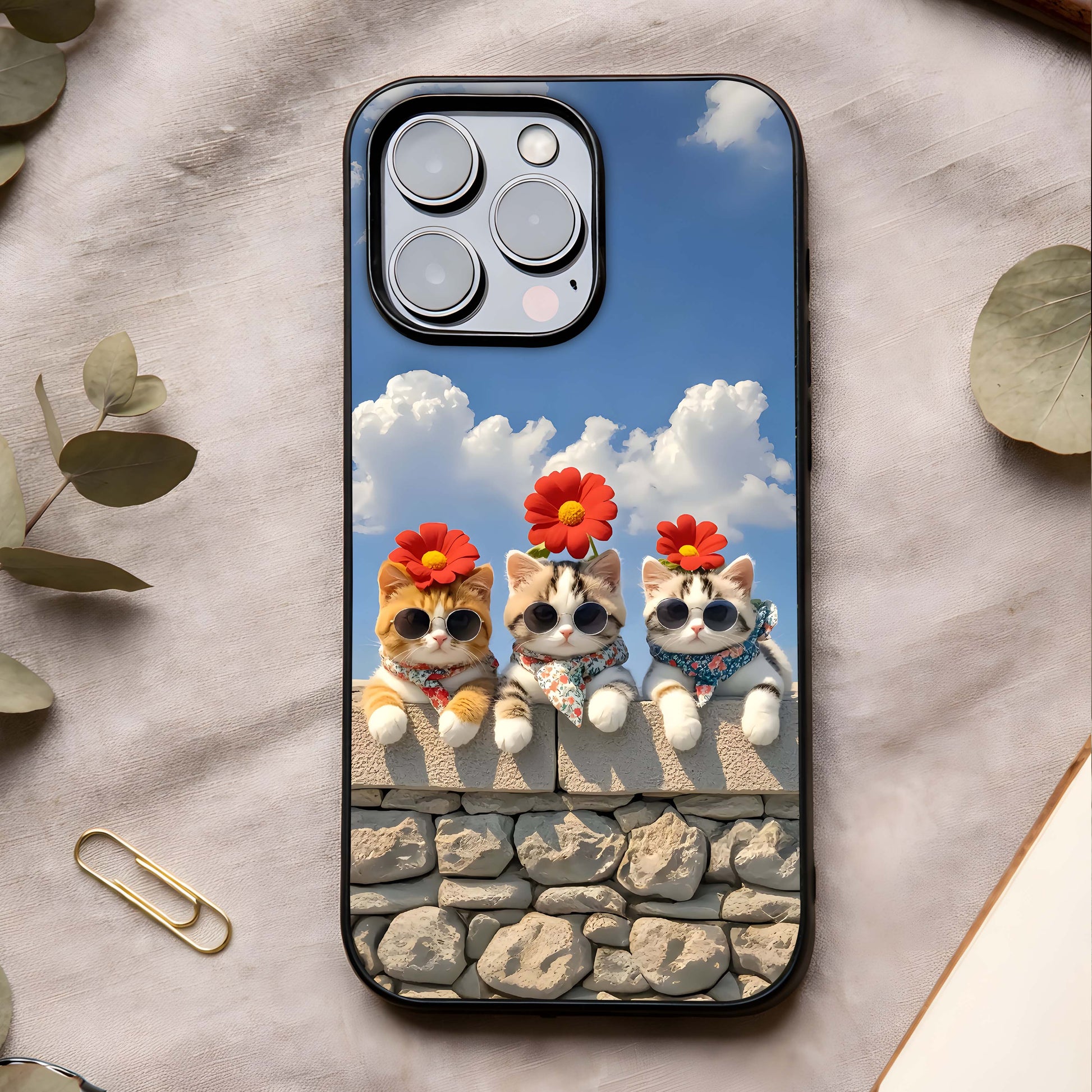 Floral Kitty Squad Glass Case showing full back design in clean flat view with cute kitty florals and glossy glass finish.