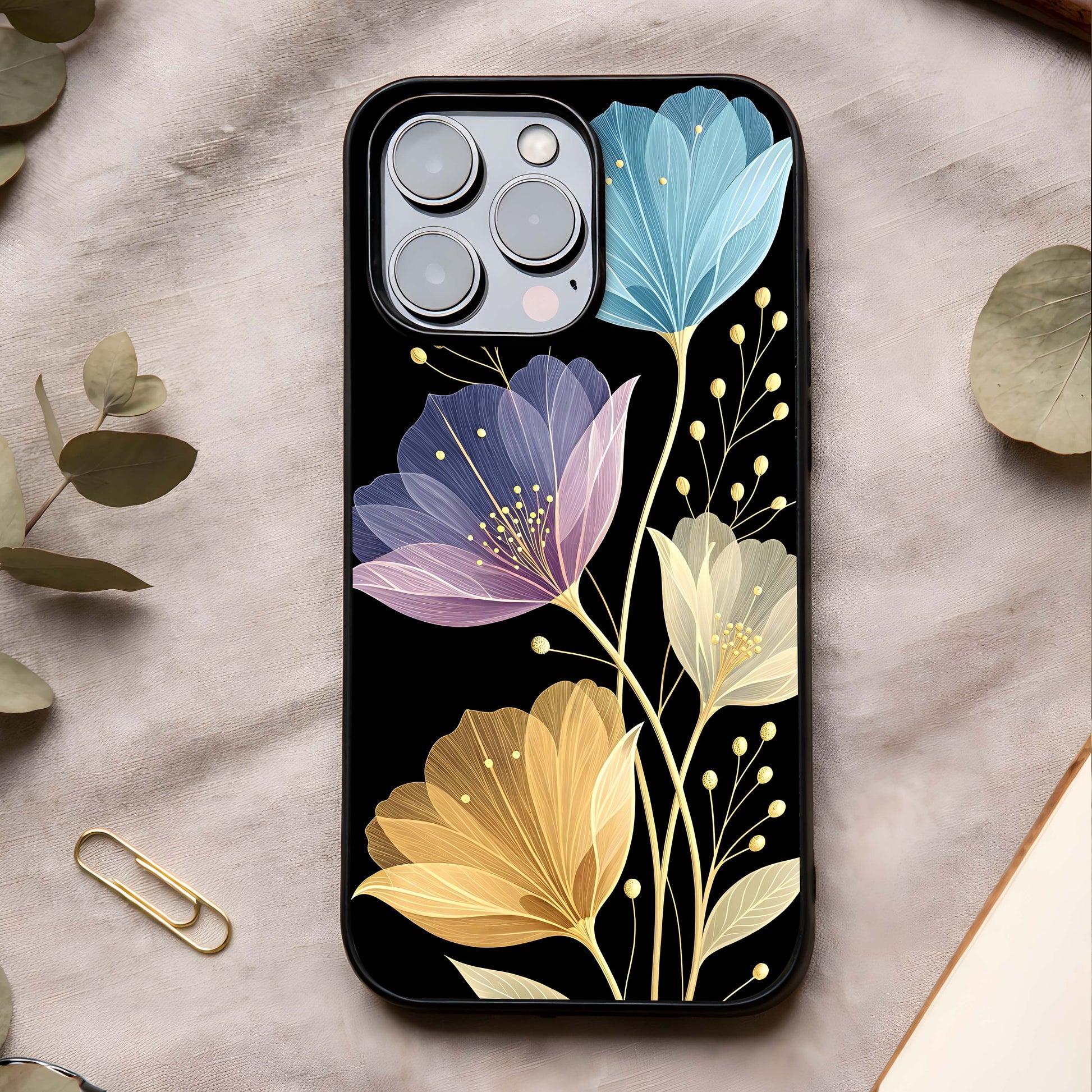 Flower Bloom Glow Glass Case showing full back design in clean flat view with radiant floral art and glossy glass finish.