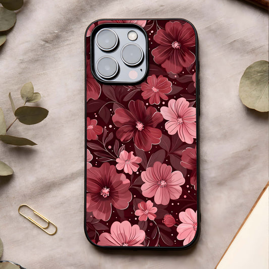 Flower Blush Bloom Glass Case showing full back design in clean flat view with soft blush florals and glossy glass finish.