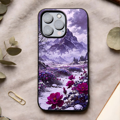 Flower Mountain View Glass Case showing full back design in clean flat view with scenic mountain florals and glossy glass finish.