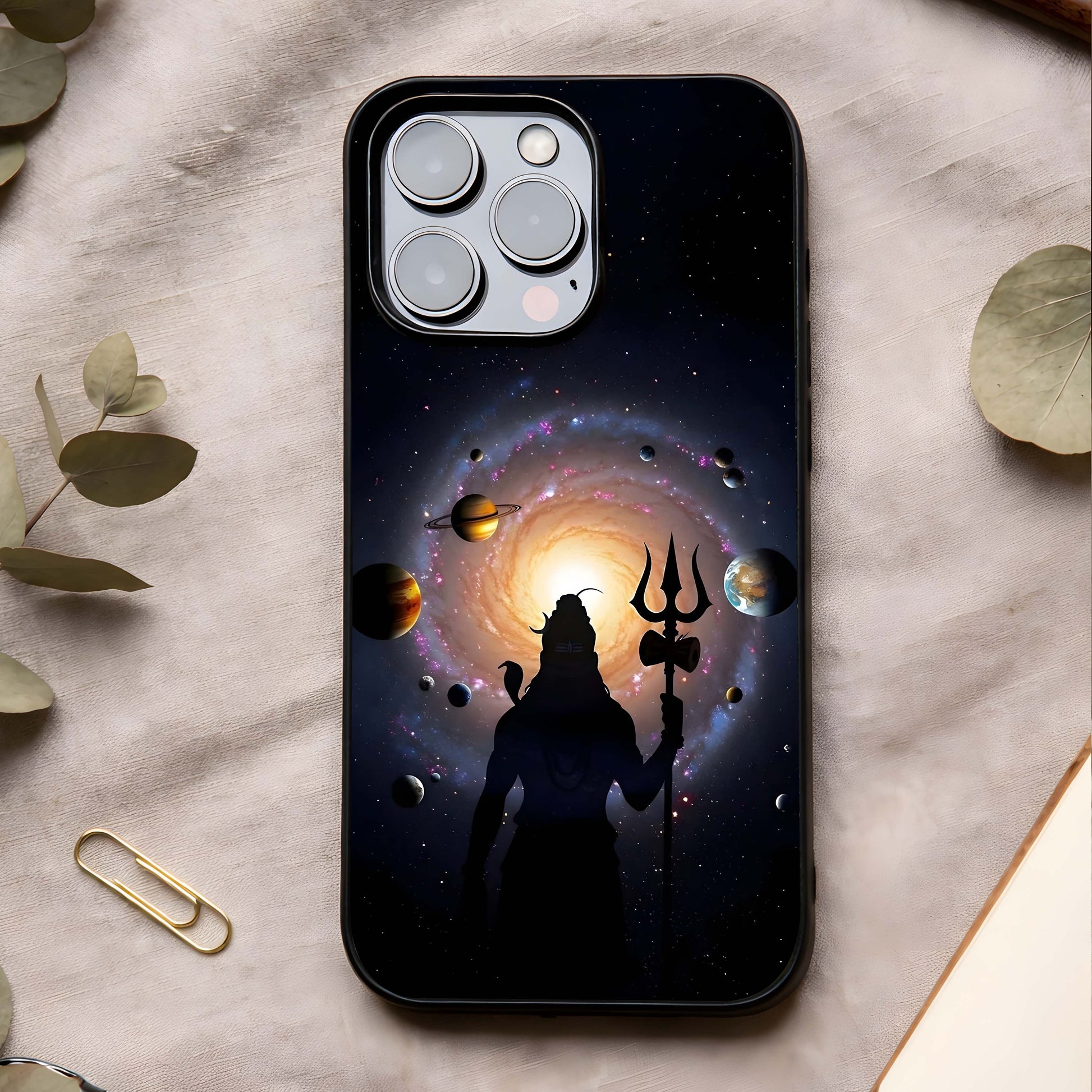 Galactic Shiva Vision Glass Case showing full back design in clean flat view with cosmic divine imagery and glossy glass finish.