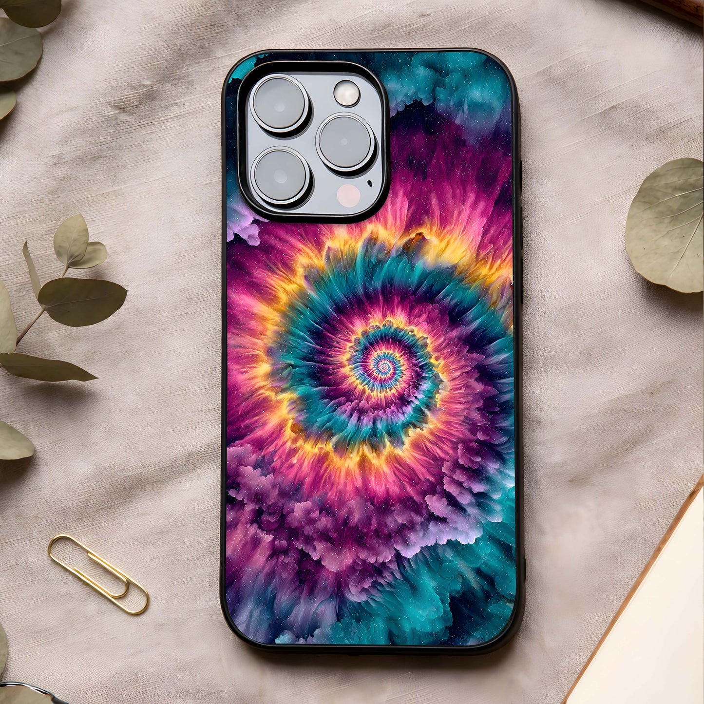 Galactic Spiral Burst Glass Case showing full back design in clean flat view with swirling cosmic burst and glossy glass finish.