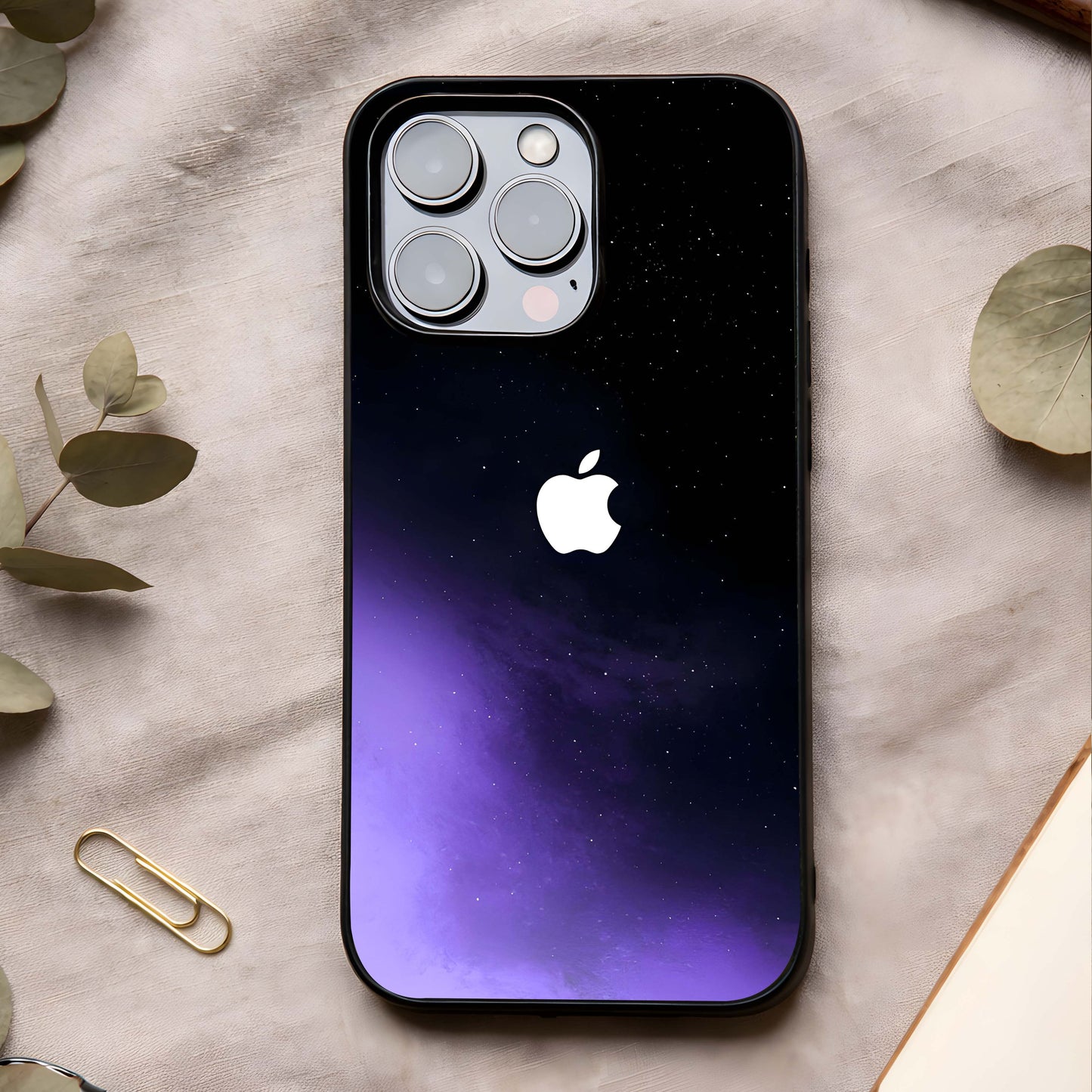 Galaxy Apple Aura Glass Case showing full back design in clean flat view with glowing apple aura and glossy glass finish.