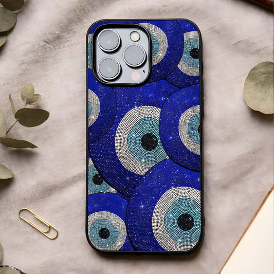 Galaxy Eye Flow Glass Case showing full back design in clean flat view with cosmic eye artwork and glossy glass finish.