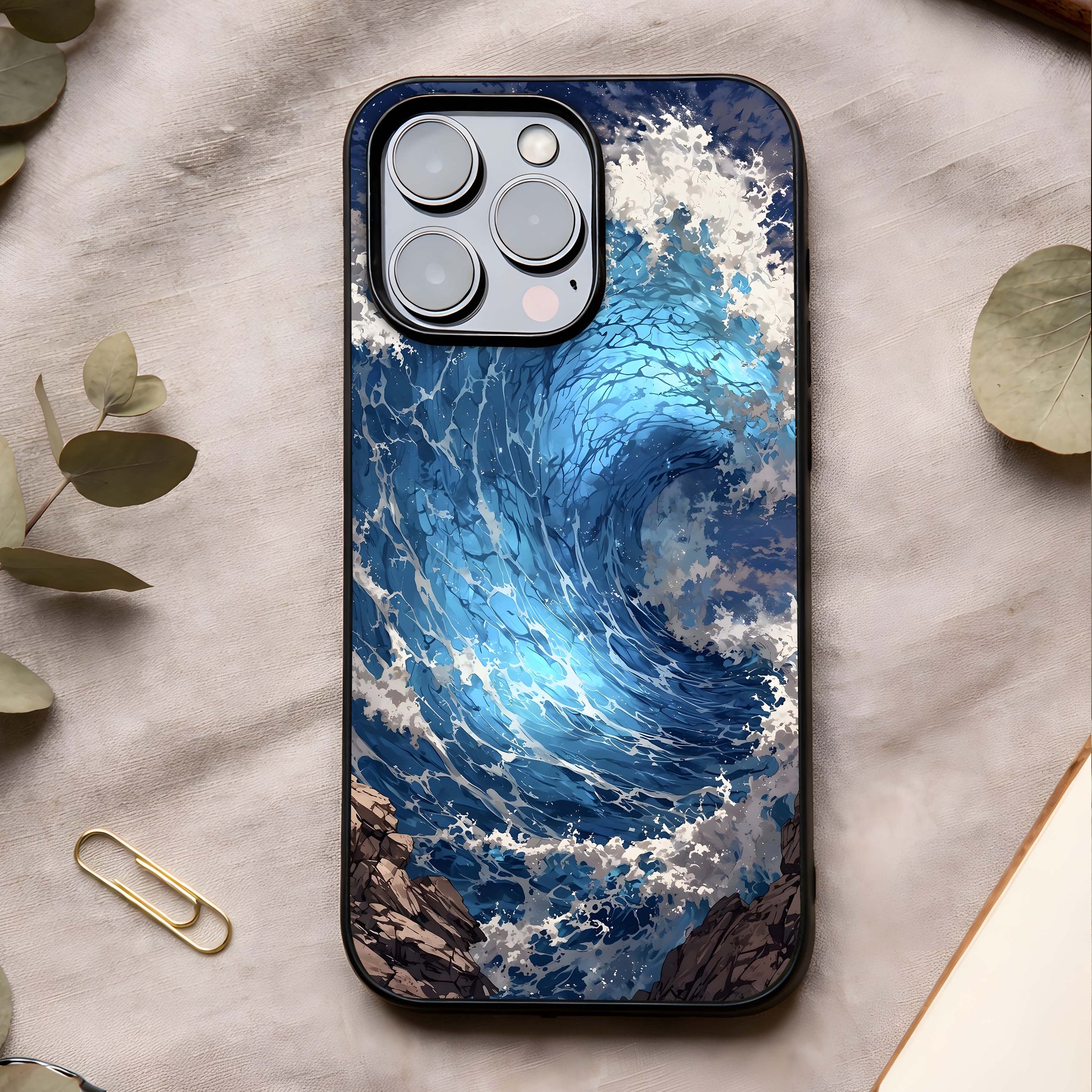 Giant Ocean Wave Glass Case showing full back design in clean flat view with powerful wave artwork and glossy glass finish.
