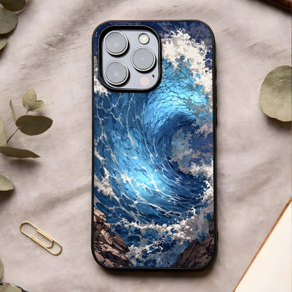 Giant Ocean Wave Glass Case showing full back design in clean flat view with powerful wave artwork and glossy glass finish.