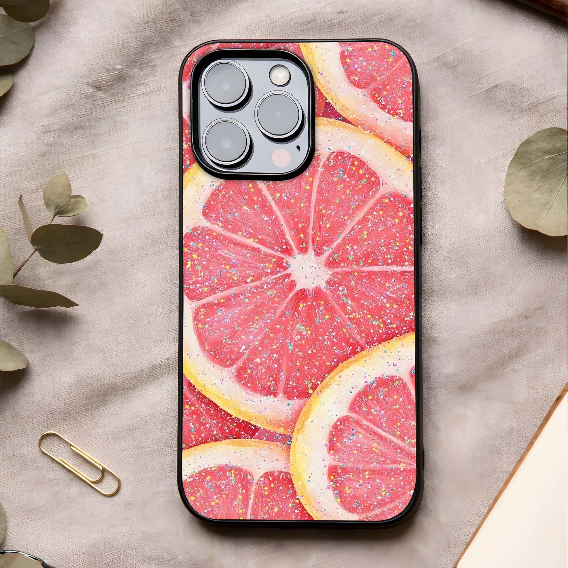 Glitter Grapefruit Glass Case showing full back design in clean flat view with sparkling citrus tones and glossy glass finish.