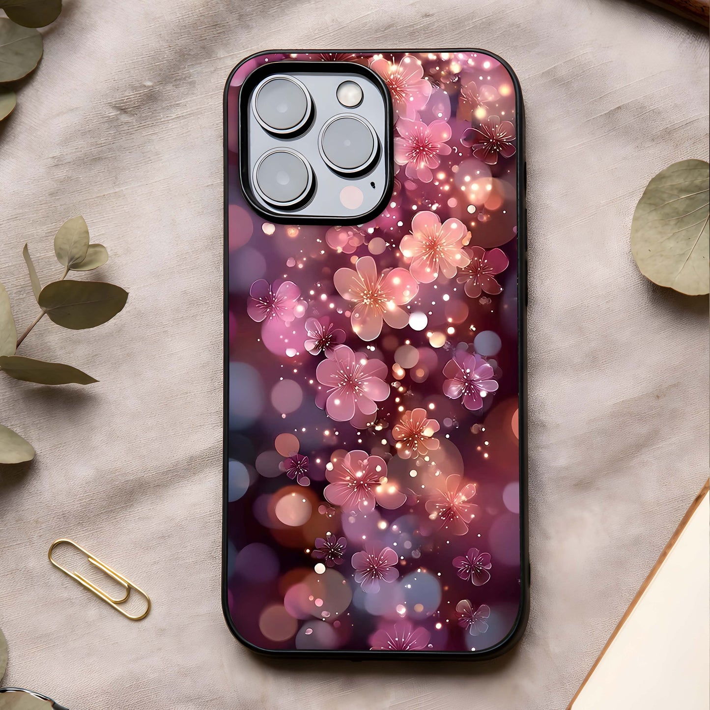 Glowing Petal Bliss Glass Case showing full back design in clean flat view with luminous petals and glossy glass finish.