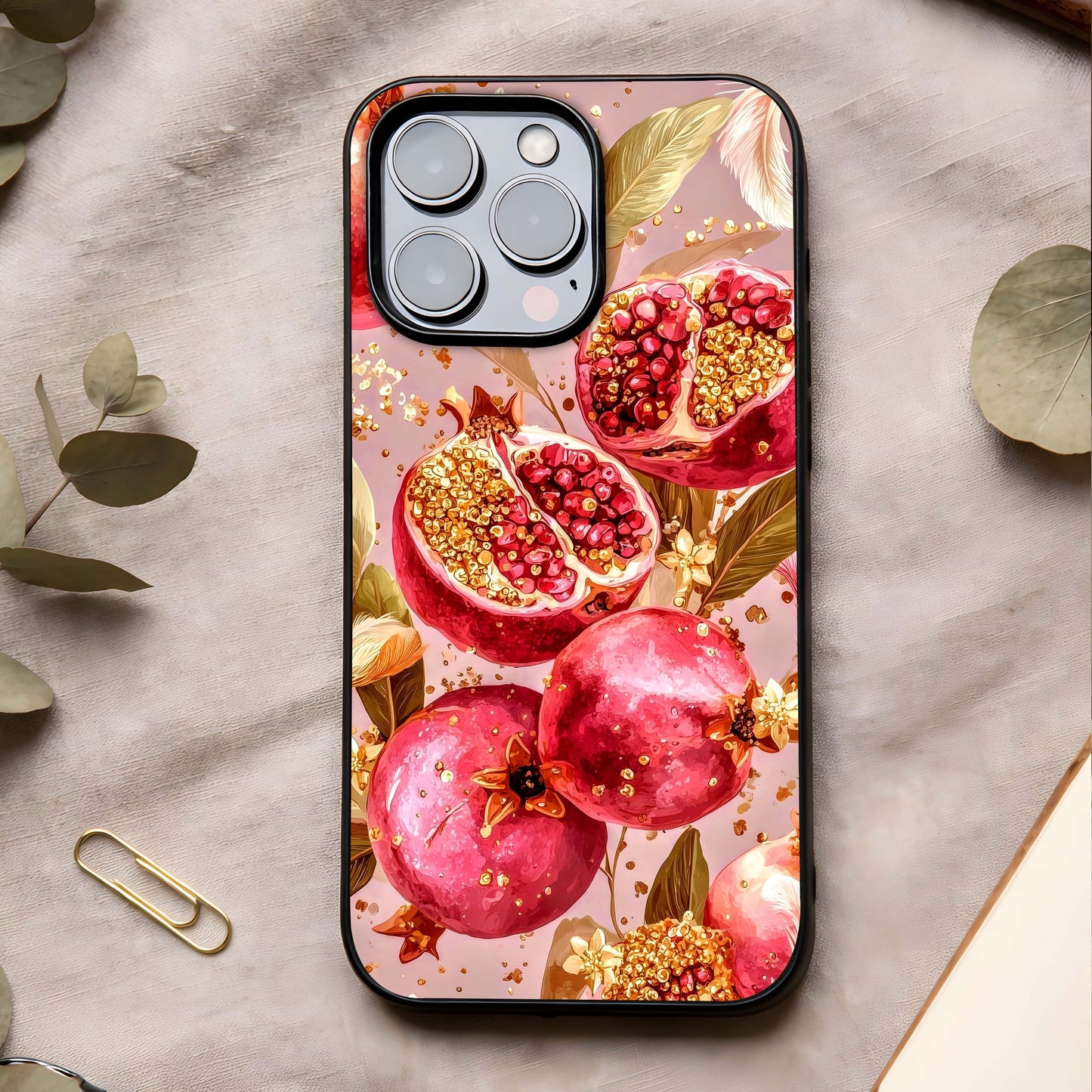 Golden Bloom Glow Glass Case showing full back design in clean flat view with golden floral highlights and glossy glass finish.