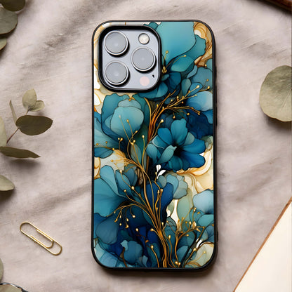 Golden Bloom Symphony Glass Case showing full back design in clean flat view with harmonious golden florals and glossy glass finish.