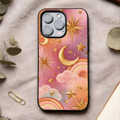 Golden Celestial Dreams Glass Case showing full back design in clean flat view with celestial gold accents and glossy glass finish.