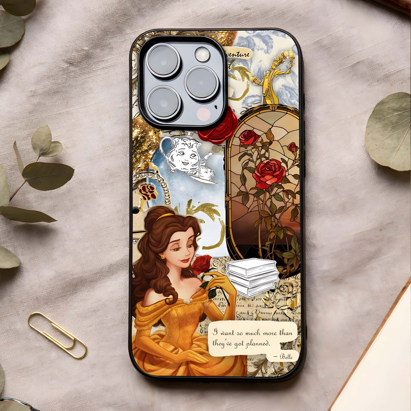 Golden Dream Belle Glass Case showing full back design in clean flat view with elegant golden artwork and glossy glass finish.