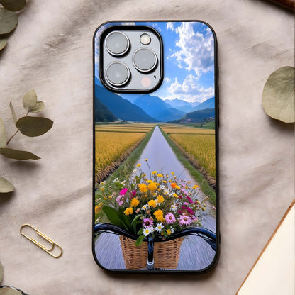 Golden Field Journey Glass Case showing full back design in clean flat view with open golden landscapes and glossy glass finish.