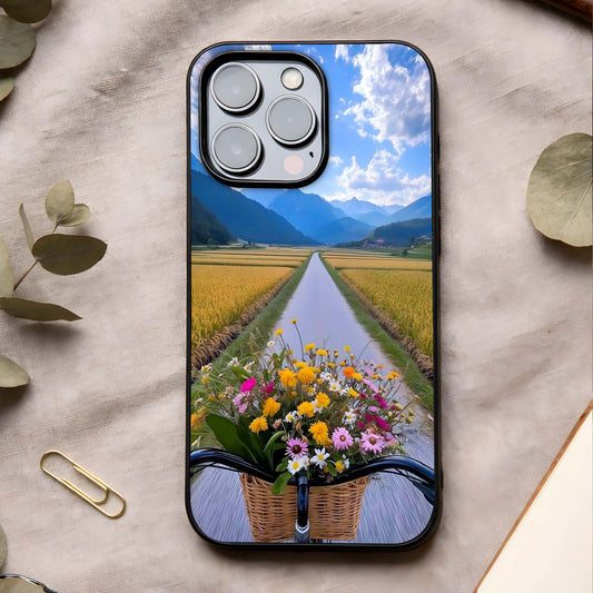 Golden Field Journey Glass Case showing full back design in clean flat view with open golden landscapes and glossy glass finish.