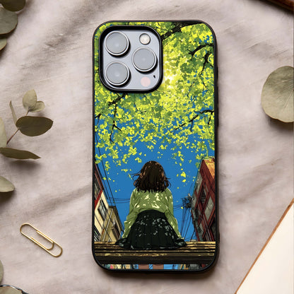 Golden Leaves Glow Glass Case showing full back design in clean flat view with glowing leaf patterns and glossy glass finish.