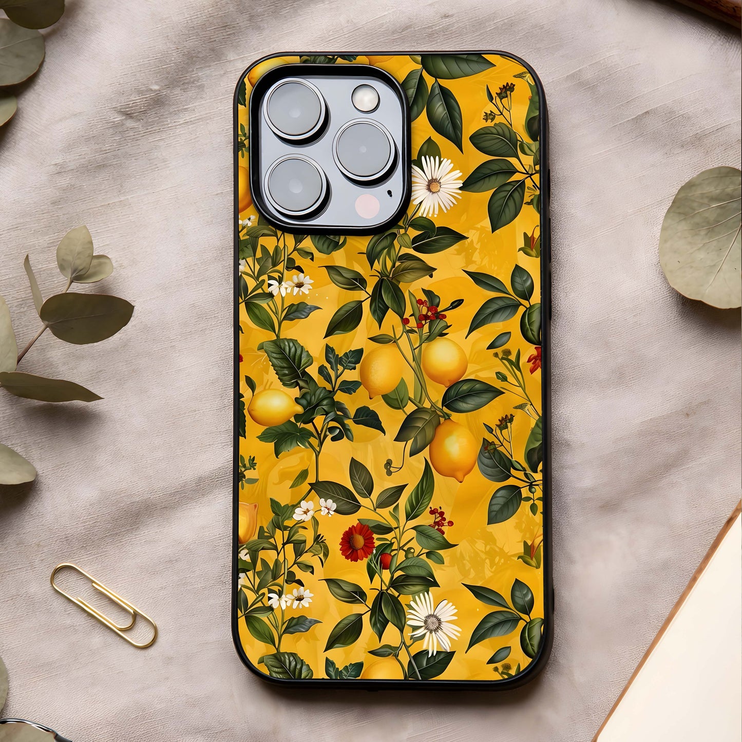 Golden Lemon Field Glass Case showing full back design in clean flat view with bright citrus field art and glossy glass finish.