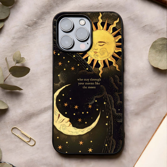 Golden Lunar Love Glass Case showing full back design in clean flat view with moonlit golden romance and glossy glass finish.