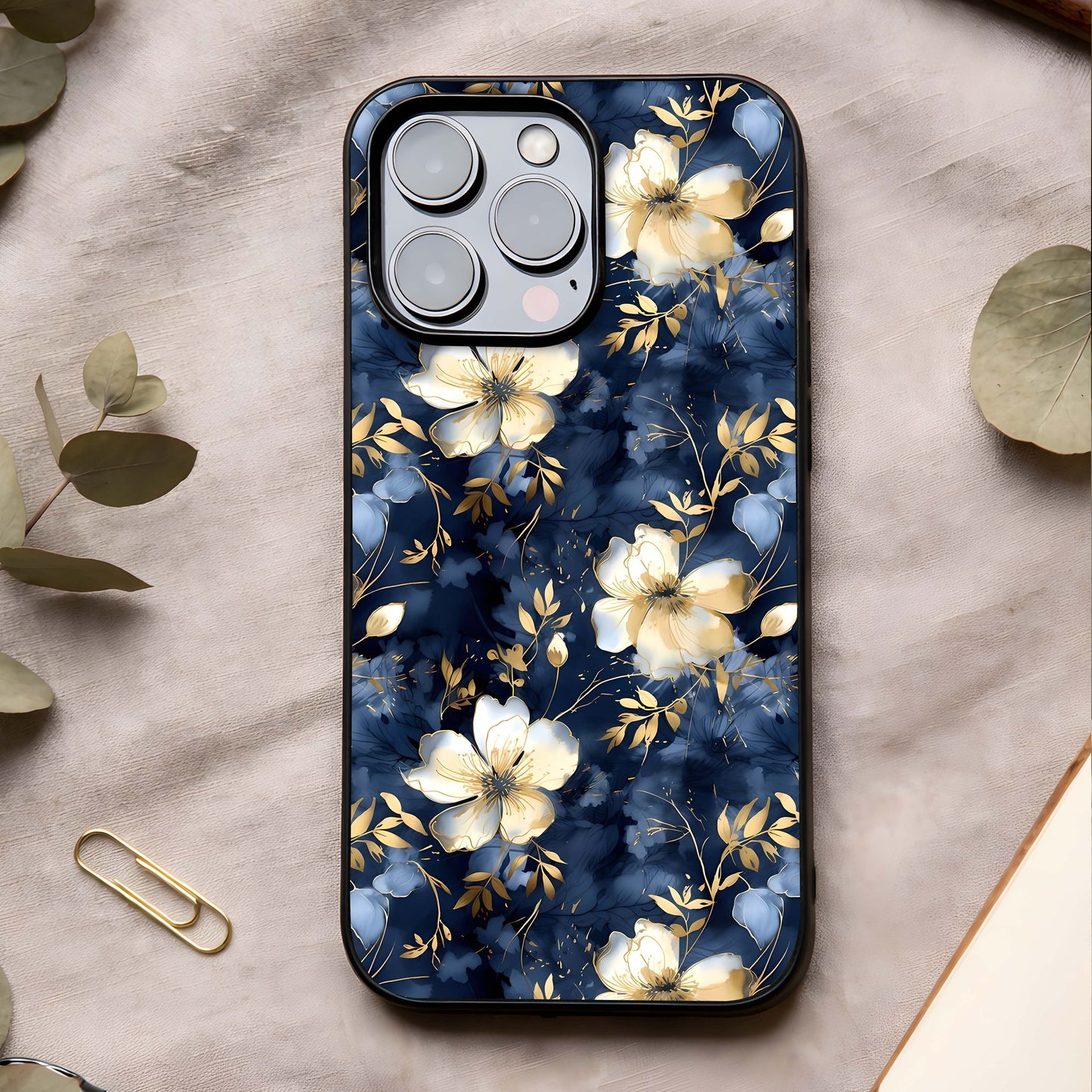 Golden Midnight Bloom Glass Case showing full back design in clean flat view with night florals and glossy glass finish.