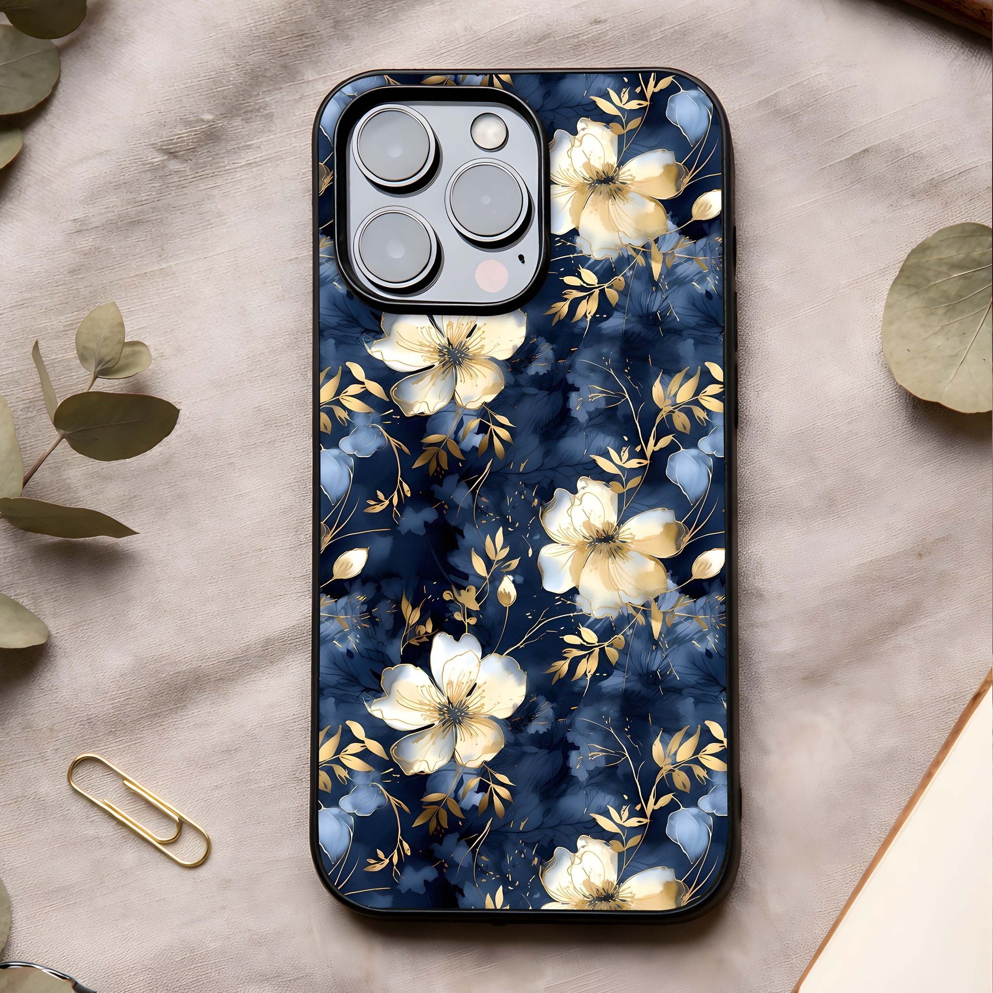Golden Midnight Bloom Glass Case showing full back design in clean flat view with night florals and glossy glass finish.