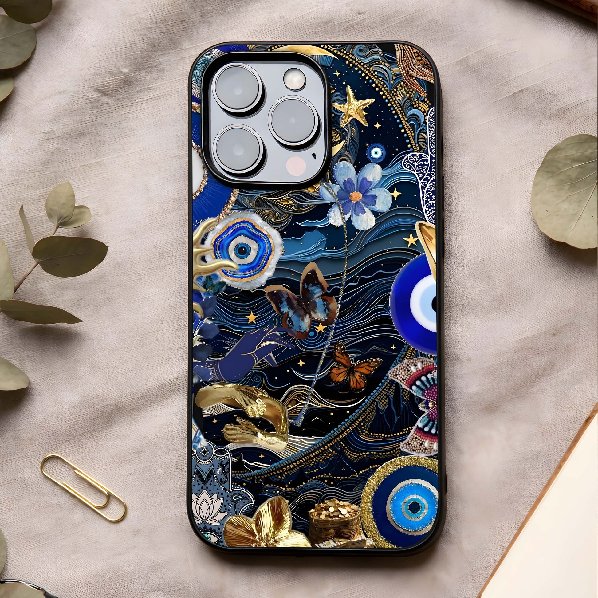 Golden Moon Magic Glass Case showing full back design in clean flat view with mystical moon glow and glossy glass finish.