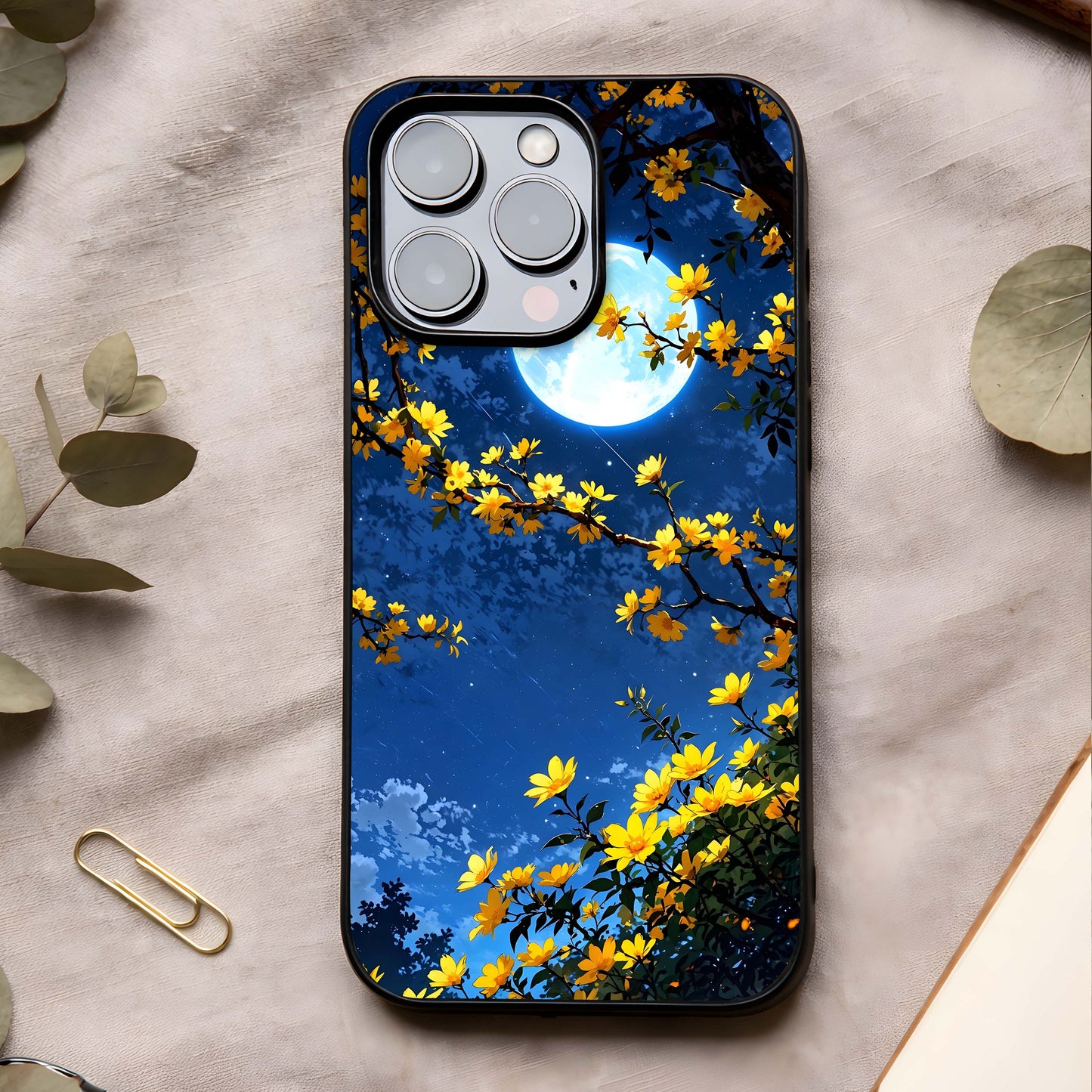 Golden Night Glow Glass Case showing full back design in clean flat view with glowing night accents and glossy glass finish.