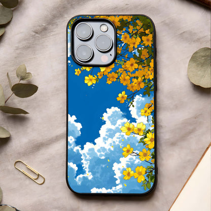 Golden Petal Sky Glass Case showing full back design in clean flat view with floating petals and glossy glass finish.