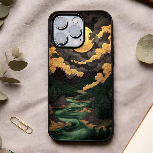 Golden River Moon Glass Case showing full back design in clean flat view with moonlit river art and glossy glass finish.