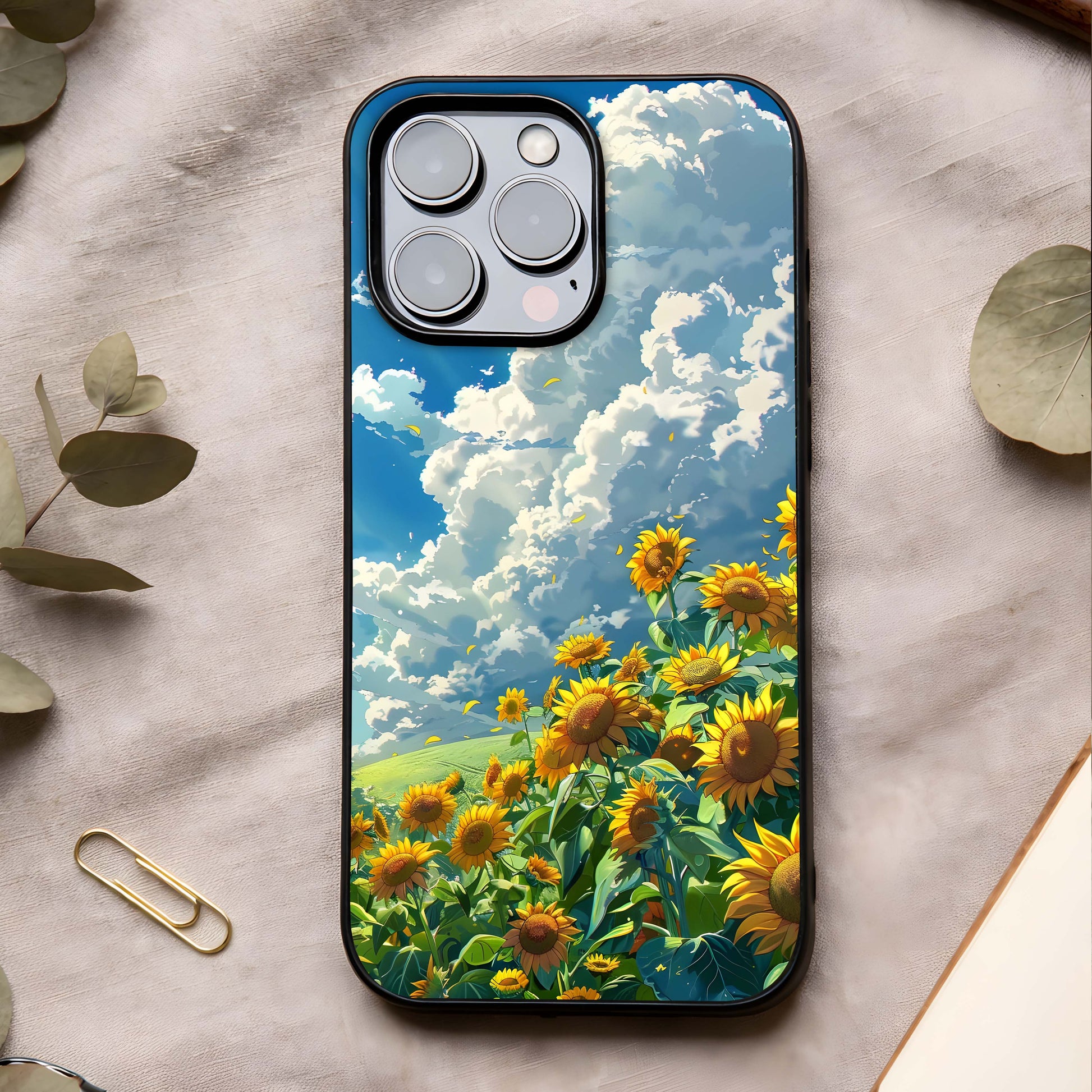 Golden Sun Glory Glass Case showing full back design in clean flat view with radiant sun elements and glossy glass finish.
