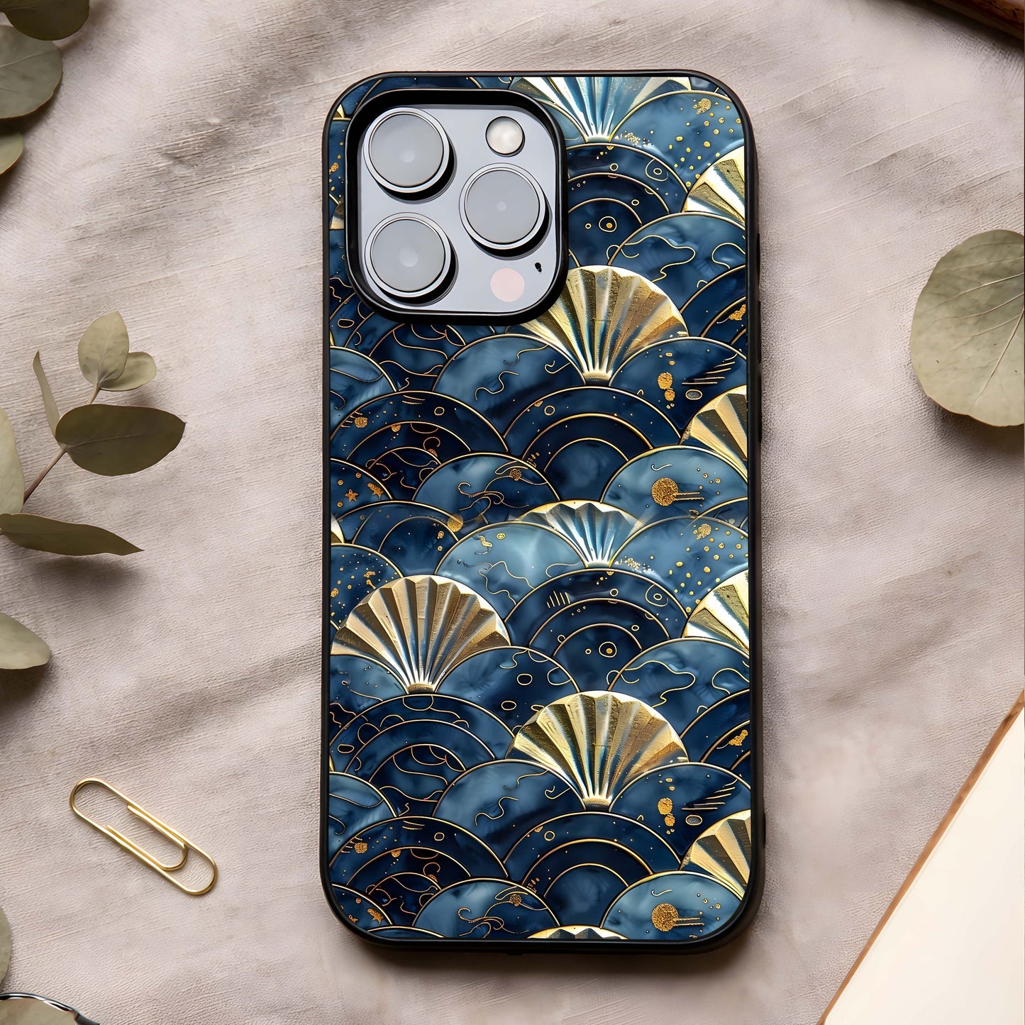 Golden Wave Luxe Glass Case showing full back design in clean flat view with flowing luxury waves and glossy glass finish.