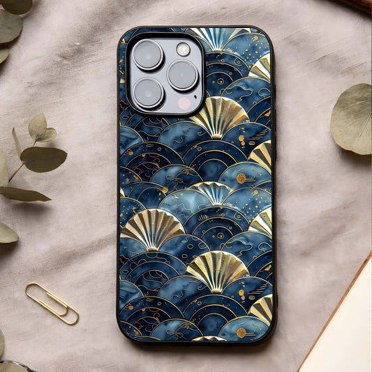 Golden Wave Luxe Glass Case showing full back design in clean flat view with flowing luxury waves and glossy glass finish.