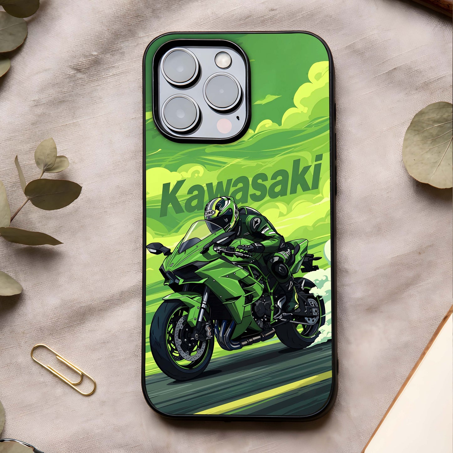 Green Kawasaki Glass Case showing full back design in clean flat view with bold performance styling and glossy glass finish.
