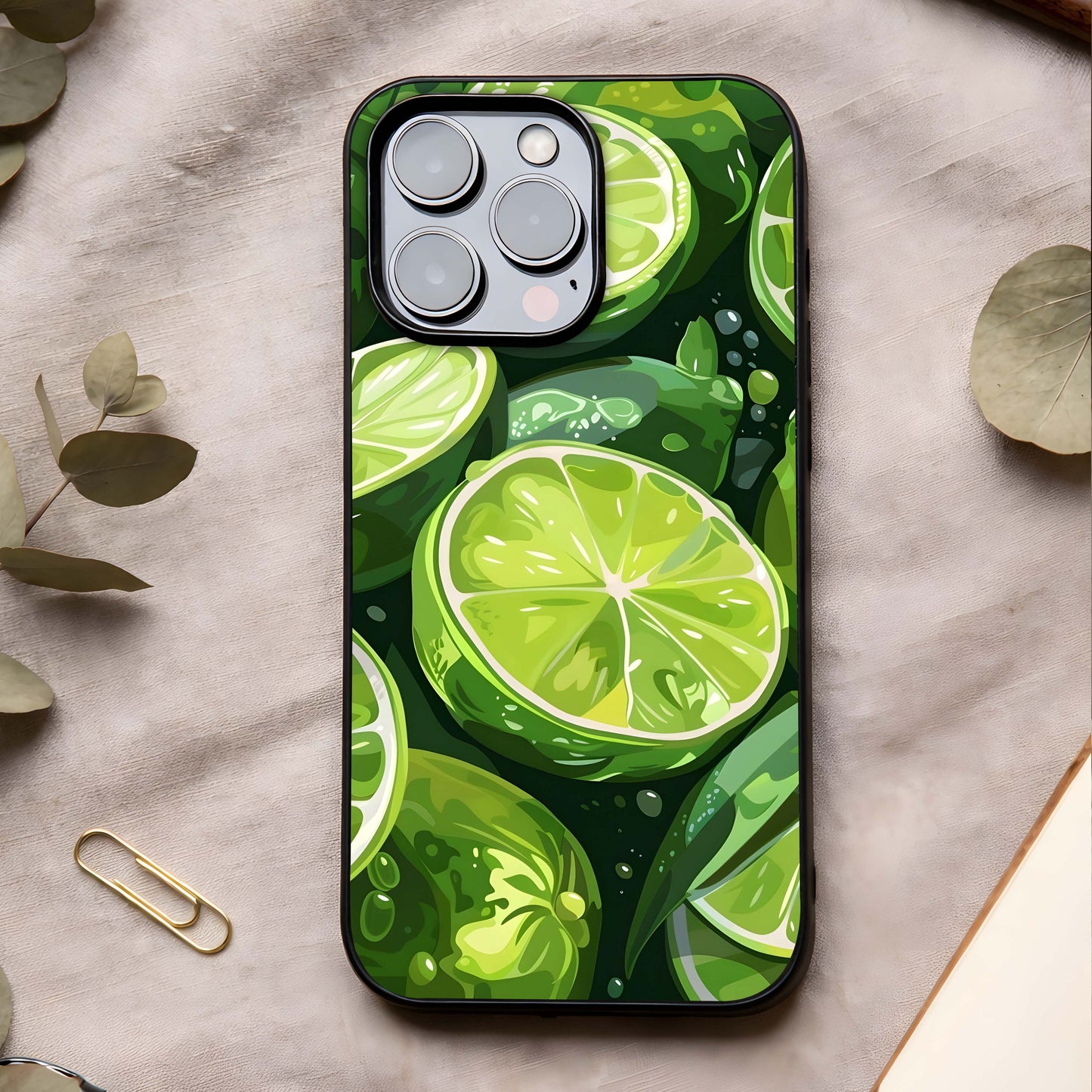 Green Lemon Glass Case showing full back design in clean flat view with fresh citrus styling and glossy glass finish.