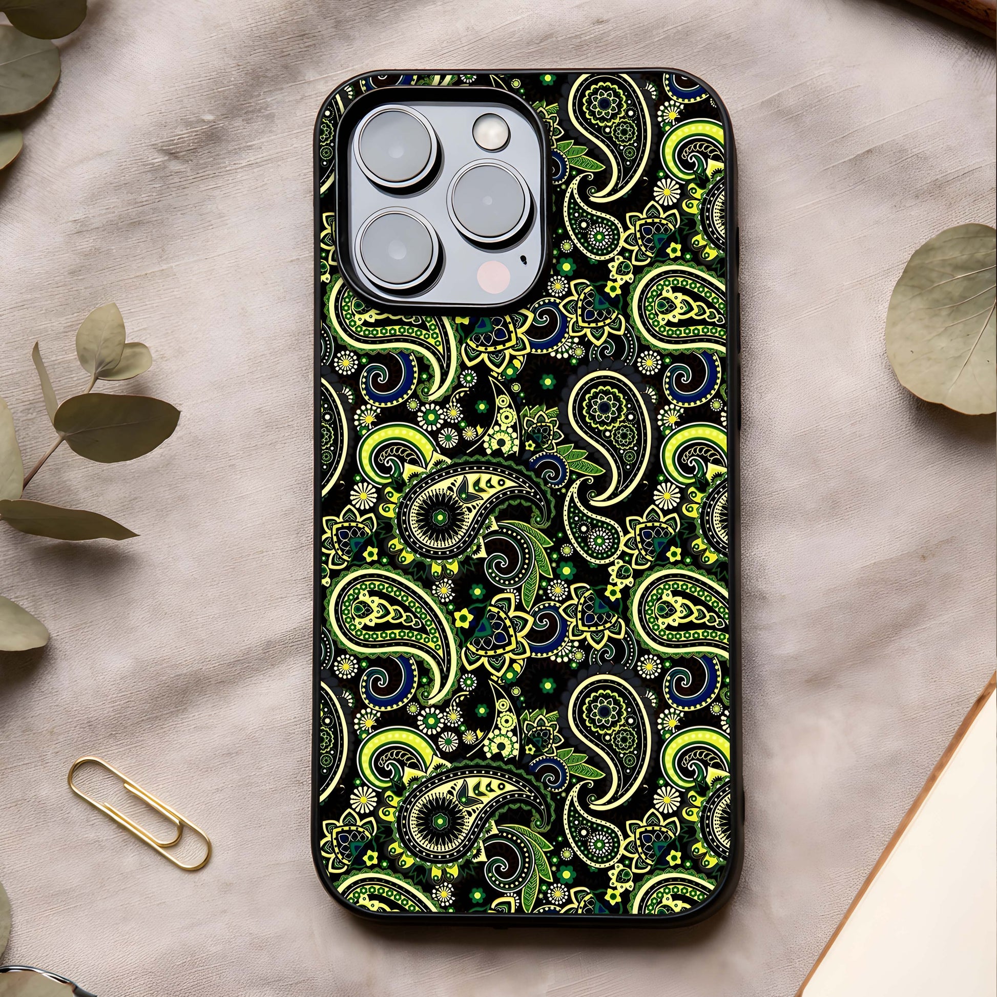 Green Mandala Pattern Glass Case showing full back design in clean flat view with intricate mandala art and glossy glass finish.