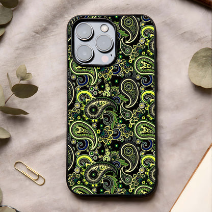 Green Mandala Pattern Glass Case showing full back design in clean flat view with intricate mandala art and glossy glass finish.