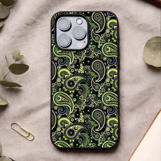 Green Mandala Pattern Glass Case showing full back design in clean flat view with intricate mandala art and glossy glass finish.