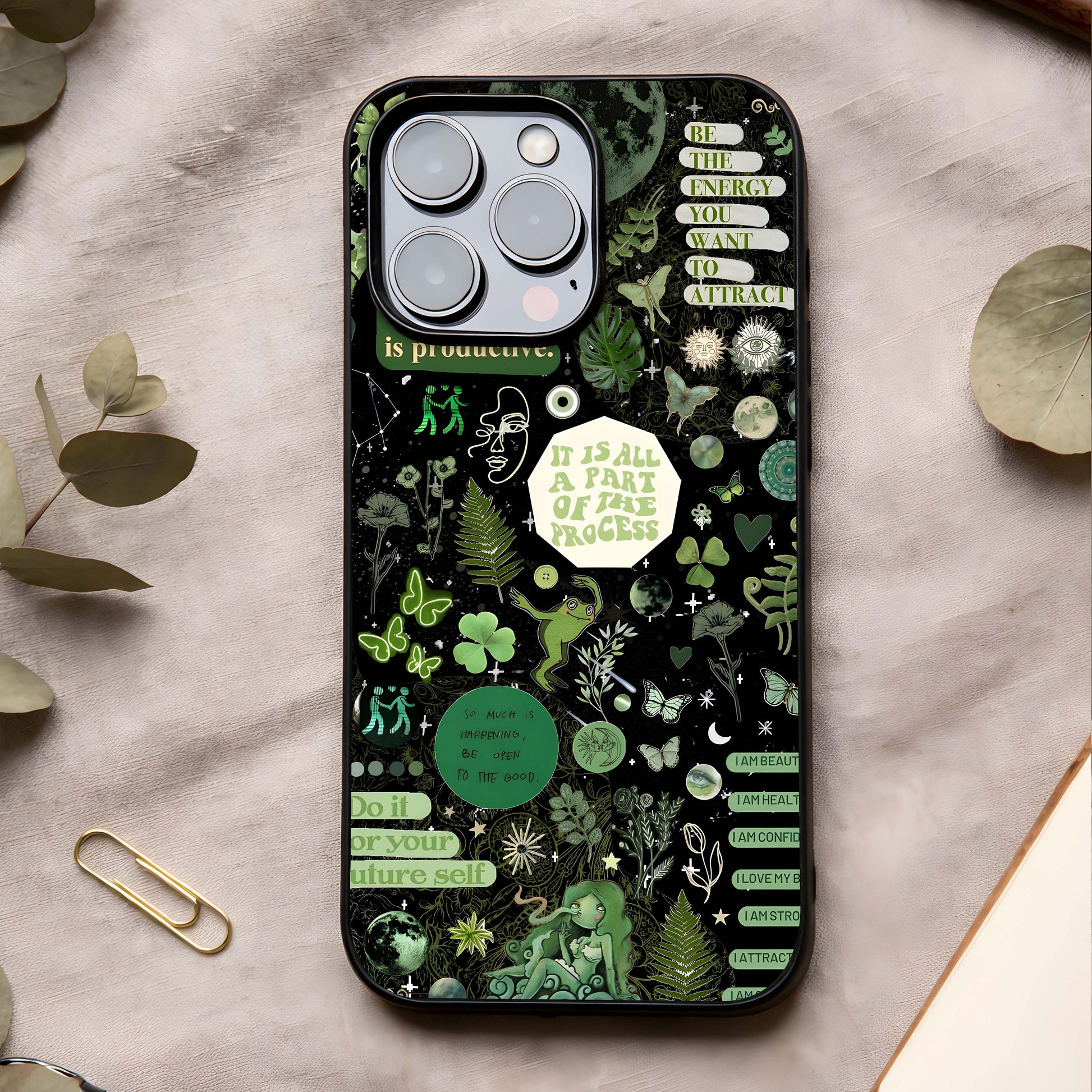 Green Moon Energy Glass Case showing full back design in clean flat view with lunar green glow and glossy glass finish.