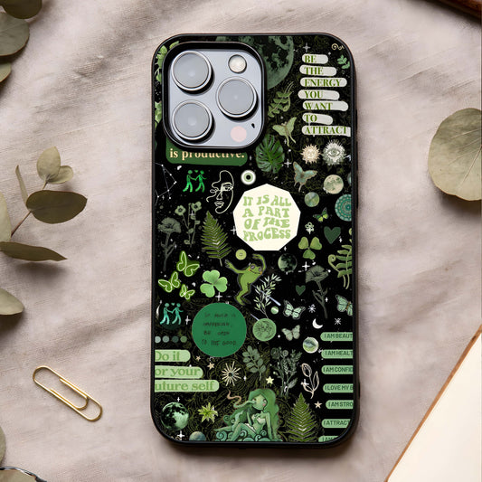 Green Moon Energy Glass Case showing full back design in clean flat view with lunar green glow and glossy glass finish.